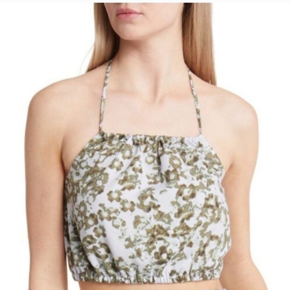 NWT Open Edit Halter Neck Crop Top in Olive-Blue Cosmic Floral Size XXS